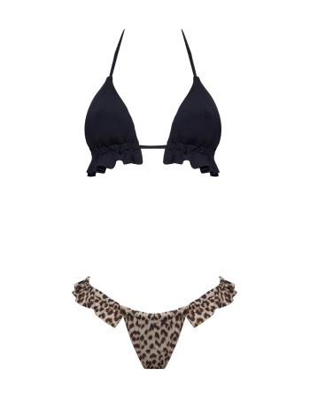 IAM Bikini 2023 - Isa 2324 - Bikini Animalier con top triangolo Nero e con brasiliana con rouches